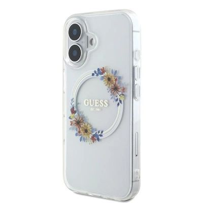 2. Guess IML Flowers Wreath MagSafe Case for iPhone 16 - Transparent