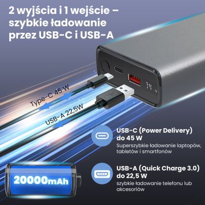 12. Extralink Powerbank EPB-126 20000mAh Silver Power bank, 45W PD, USB-C