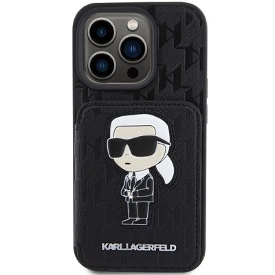 3. Karl Lagerfeld Saffiano Cardslots and Stand Monogram Ikonik Patch case for iPhone 15 Pro - black