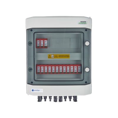 Hermetic IP65 EMITER DC connection switchboard with Dehn 1000V type 2 DC surge arrester, 5x PV string, 5x MPPT