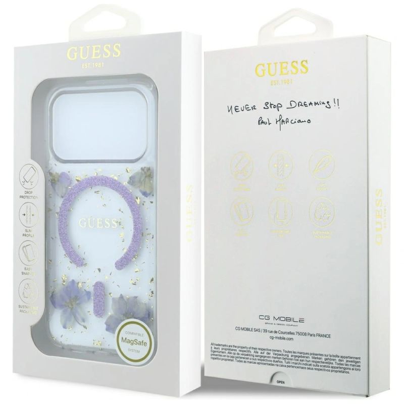 8. Guess Resin Flowers Glitter MagSafe Case for iPhone 18 Pro Max / 17 Pro Max - Purple