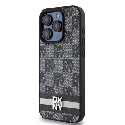 2. DKNY Leather Checkered Mono Pattern & Printed Stripes Case for iPhone 15 Pro Max - Black