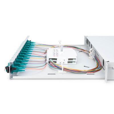 10. FO patch panel with equipment 19'' 1U, 12x LC dx, OM3, pigtails, adapters, trays, sliding, gray