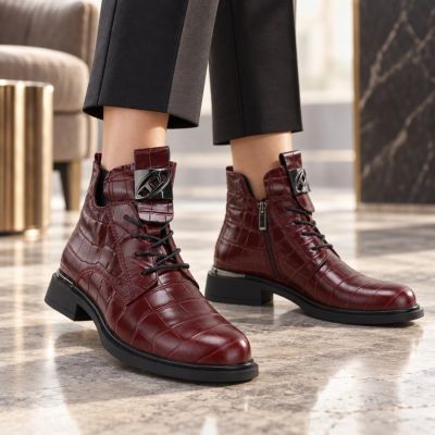 5. Red Crocodile-Effect Leather Ankle Boots for Women Vinceza 86453