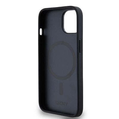 7. DKNY Leather Monogram Pattern Metal Logo MagSafe Case for iPhone 15/14/13 - Black
