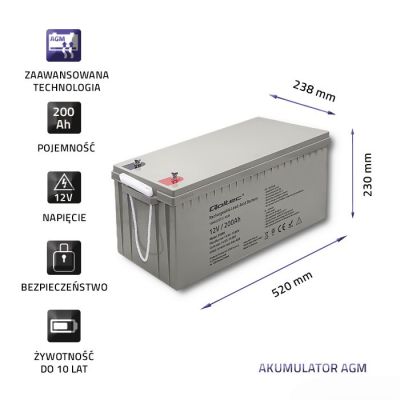 4. QOLTEC AGM BATTERY 12V | 200AH | MAX.3000A