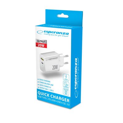 5. ESPERANZA 20W USB-C PD 20W / USB-A QC 3.0 18W MAINS CHARGER, WHITE EZC105W