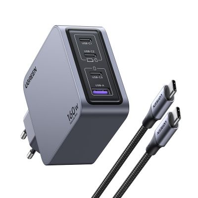 3. Ugreen Nexode Pro 160W GaN Charger with USB-C Cable Universal Black, Gray AC Fast Charging Internal