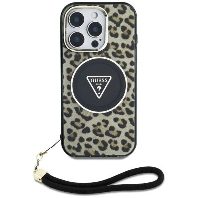 2. Guess HC IML Leopard Triangle Cord Strap MagSafe Case for iPhone 16 Pro - Brown