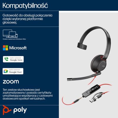 23. Poly Blackwire 5210 Monaural USB-C Headset +3.5mm Plug +USB-C/A Adapter (Bulk)