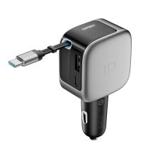 Cuktech CC903P 100W Car Charger with Display and 70cm Retractable USB-C Cable - Gray