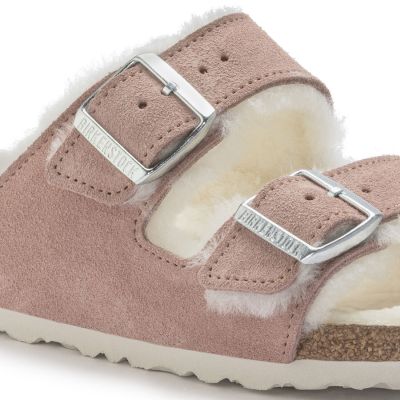 2. Birkenstock Arizona Suede Leather Shearling Pink Clay LAF Narrow Insulated Slides (1023258)