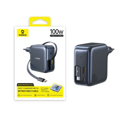 5. Baseus EnerCore CJ11 100W Wall Charger with USB-A and USB-C Ports and Retractable USB-C Cable - Black