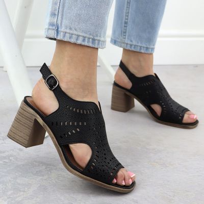 7. Women's openwork high-heeled sandals, black, Jezzi 24125