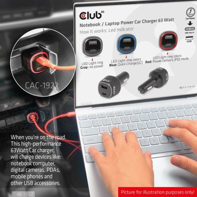 4. CLUB3D CAC-1922 Black Automatic Lighter Charger for Mobile Devices Laptop