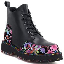 Women's leather combat boots with floral pattern, black Artiker 57C0180