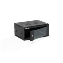 19" 4U 600x450 wall-mounted cabinet, single-leaf glass door, removable full rear cover, removable full side covers, lockable, 4 beams, black, ALANTEC