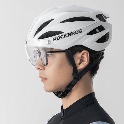 7. Rockbros Bike Helmet with Visor, Detachable UV Goggles, Unisex, Glossy - White