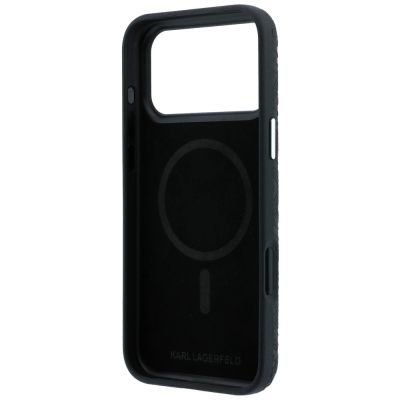 7. Karl Lagerfeld Grained Allover Logo Metal Elongated MagSafe Case for iPhone 17 Pro / 18 Pro - Black