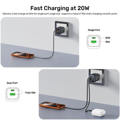11. UNITEK 2X GAN WALL CHARGER USB-C & USB-A 20W BLACK