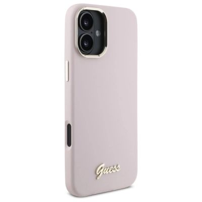 4. Guess Silicone Script Metal Logo & Frame iPhone 16 Plus Case - Pink