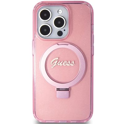 3. Guess Ring Stand Script Glitter MagSafe case for iPhone 15 Pro Max - pink