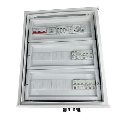 DCAC hermetic IP66 EMITER connection box with DC surge arrester Noark 1000V type 1+2, 5 x PV string, 5 x MPPT // AC limiter Noark type 1+2, 100A 3-F, FR 100A, phase signal + socket