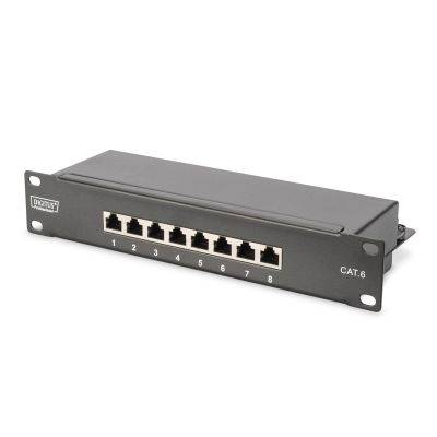 44. 10-inch network kit: 9U wall-mount cabinet, shelf, power strip, 8-port switch, Cat.6 panel, black