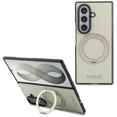 Guess Magnetic Ring Stand Grained Classic Logo MagSafe case for Samsung Galaxy Z Fold 8 Ultra - beige