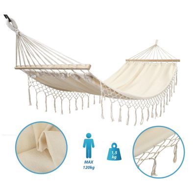 12. GARDEN HAMMOCK FOR 1 PERSON 200X100CM WITH SPREADER BAR AND FRINGE MIAMI ECRU