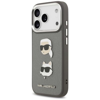 2. Karl Lagerfeld FW Grained Karl & Choupette Heads Pins & Logo iPhone 17 Pro Case - Gray
