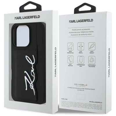 8. Karl Lagerfeld HC Grained PU Cardslot Metal Signature iPhone 16 Pro Case - Black