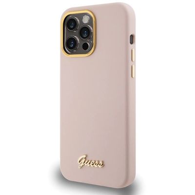 2. Guess Silicone Script Metal Logo & Frame case for iPhone 15 Pro Max - pink