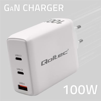 3. Qoltec 100W GaN Wall Charger | 5-20V | 1.5-5A | 2 x USB-C PD | 1 x USB QC 3.0 | White
