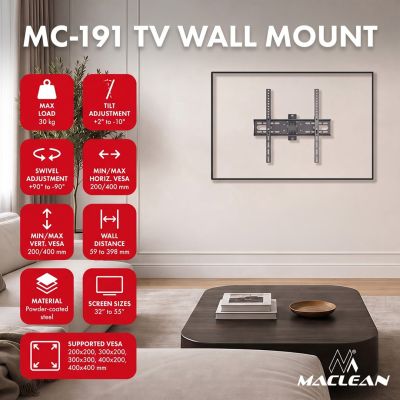 6. MACLEAN TV MOUNT / HANGER 32-55'' MACLEAN TV MOUNT / HANGER, MAX VESA 400X400, 32-55", UP TO 30KG, BLACK, TILT ADJUSTMENT