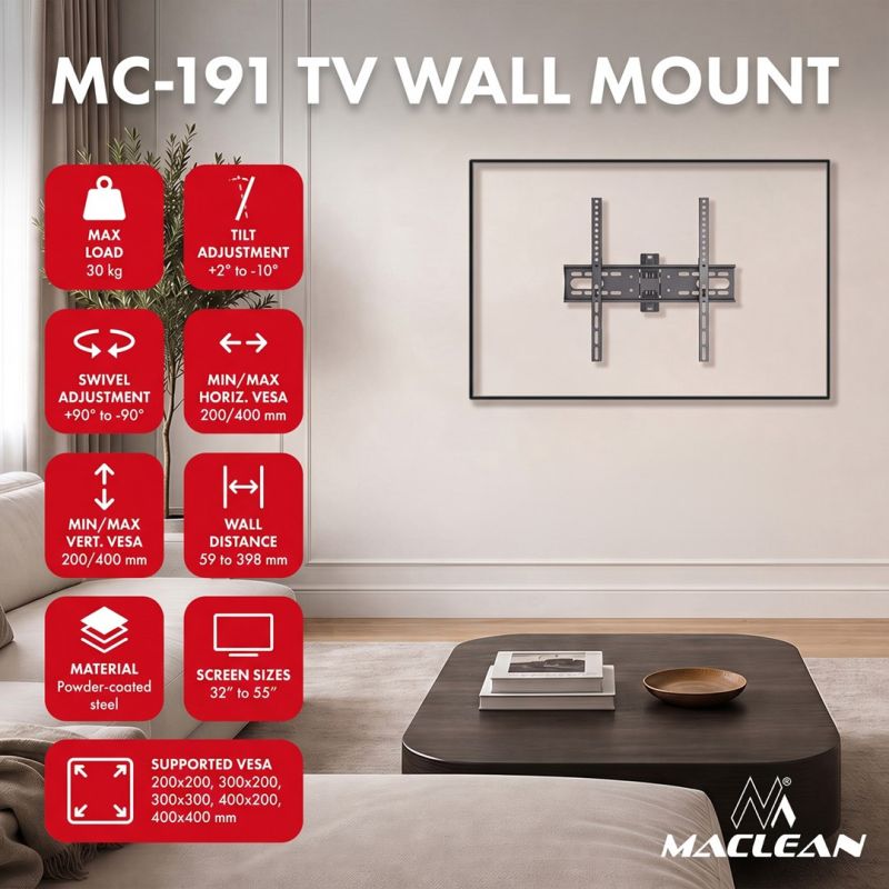 6. MACLEAN TV MOUNT / HANGER 32-55'' MACLEAN TV MOUNT / HANGER, MAX VESA 400X400, 32-55", UP TO 30KG, BLACK, TILT ADJUSTMENT