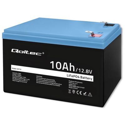 8. Qoltec 53713 LiFePO4 Lithium Iron Phosphate Battery | 12.8V | 10Ah | 128Wh | BMS