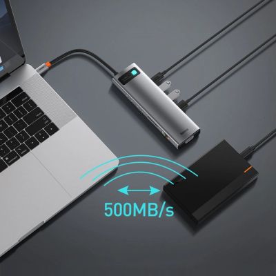 20. Baseus Metal Gleam 11in1 multifunctional USB Type C HUB - 3x USB 3.2 Gen 1 5Gbps / USB Type C PD 100W / 3.5 mm mini jack AUX / VGA Full HD 60Hz / 2x HDMI 4K 30Hz / TF and SD card reader / RJ45 1Gbps gray (CAHUB-CT0G)