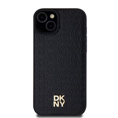 3. DKNY Leather Pattern Metal Logo MagSafe Case for iPhone 15/14/13 - Black