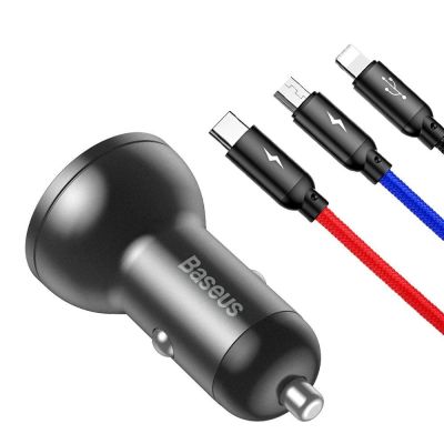 3. Baseus 2x USB 4.8A 24W car charger with LCD + 3in1 cable USB - USB Type C / micro USB / Lightning 1.2m black (TZCCBX-0G)