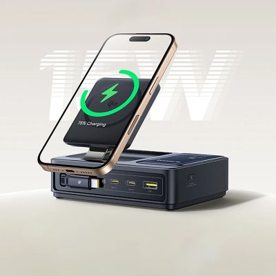 15. Baseus NOMOS 140W Qi2 5-in-1 Wireless Charging Station with Retractable USB-C Cable and Digital Display - Black