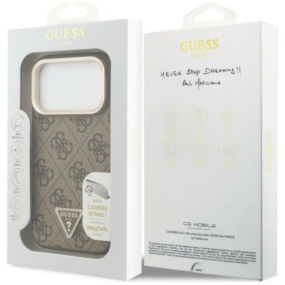 8. Guess 4G PU Triangle Logo & Stand Camera MagSafe Case for iPhone 18 Pro / 17 Pro – brown