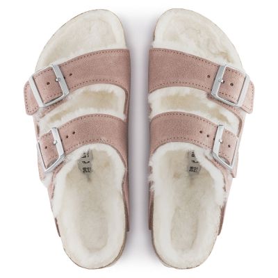 7. Birkenstock Arizona Suede Leather Shearling Pink Clay LAF Narrow Insulated Slides (1023258)