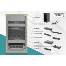 10" network kit: 12U wall-mounted cabinet, shelf, power strip, 8-port switch, Cat.6 panel, black