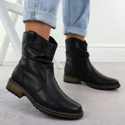 11. Rieker Z6883-00 Black Ruched Leather Women’s Ankle Boots