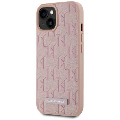 2. Karl Lagerfeld Leather Monogram Metal Logo MagSafe iPhone 15 Case - Pink