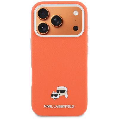 3. Karl Lagerfeld Karl & Choupette Head Pins Saffiano MagSafe Case for iPhone 17 Pro Max - Orange