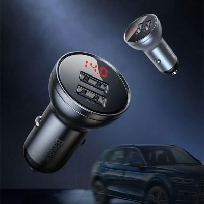 7. Baseus 2x USB 4.8A 24W car charger with LCD + 3in1 cable USB - USB Type C / micro USB / Lightning 1.2m black (TZCCBX-0G)