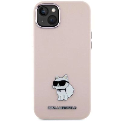 3. Karl Lagerfeld Silicone Choupette Metal Pin Case for iPhone 15 Plus / 14 Plus - Pink