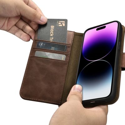 13. iCarer Oil Wax Wallet Case 2in1 Cover iPhone 14 Pro Anti-RFID Leather Flip Case Brown (WMI14220722-BN)